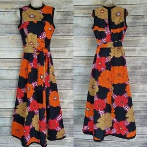 Vtg 60s 70s Leslie Fay 14 Maxi Dress Orange Black